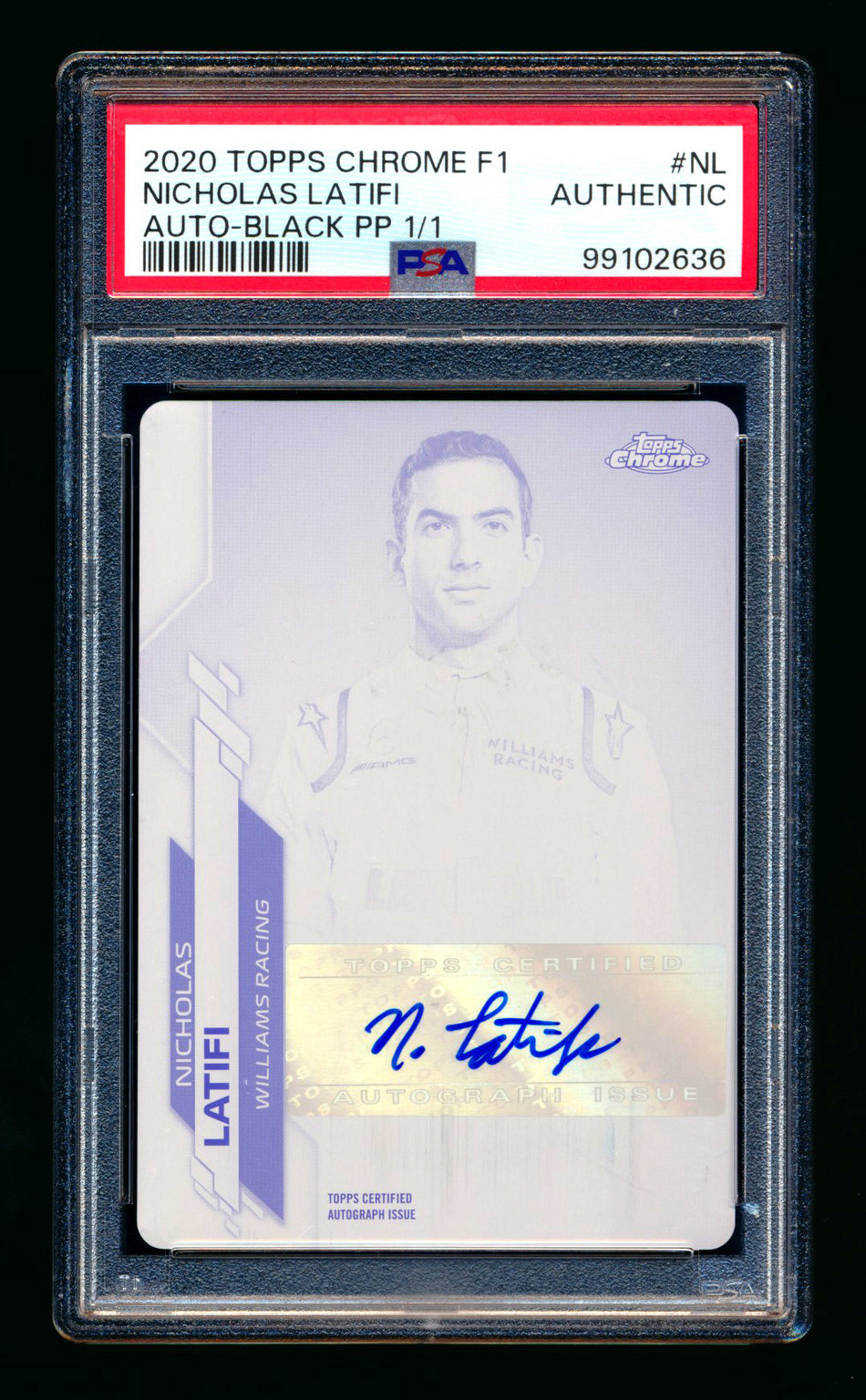 2020 Topps Chrome F1 #F1A-NL Nicholas Latifi RC Black Printing Plate Autograph #1/1 PSA Authentic