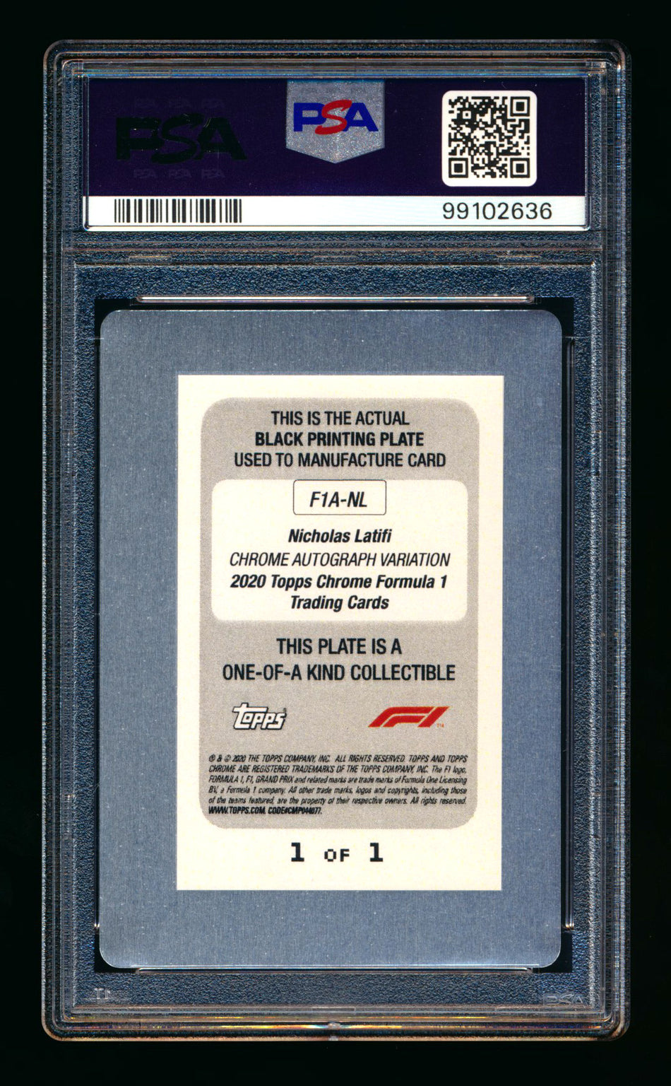 2020 Topps Chrome F1 #F1A-NL Nicholas Latifi RC Black Printing Plate Autograph #1/1 PSA Authentic