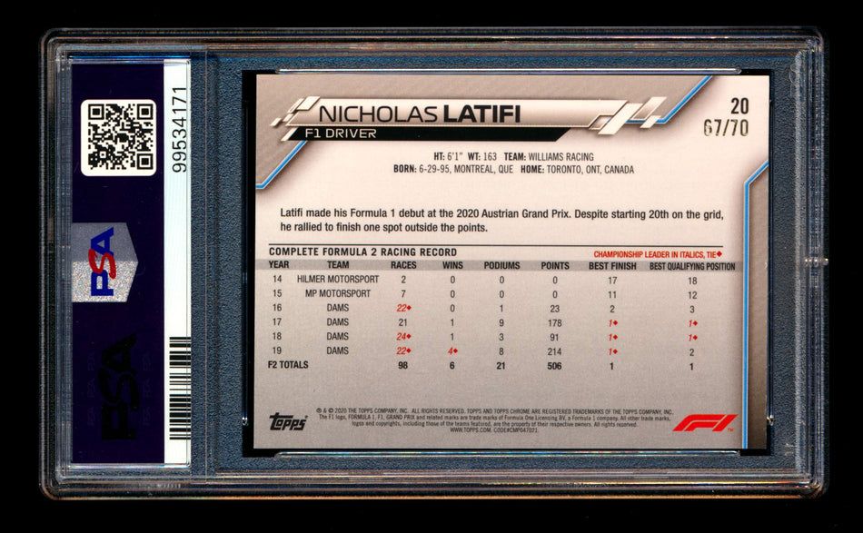 2020 Topps Chrome Sapphire F1 #20 Nicholas Latifi RC 70th Silver Refractor Portrait #67/70 PSA 8 ** (SOLD eBay - $69.00 - 2/11/2025) **