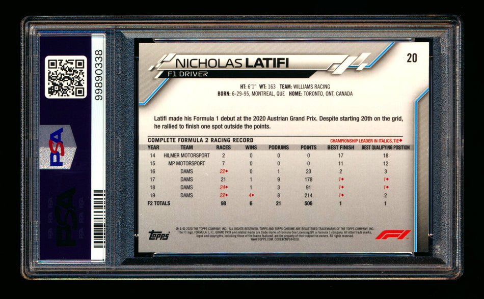 2020 Topps Chrome F1 #20 Nicholas Latifi RC 70th Anniversary Superfractor Portrait PSA 8