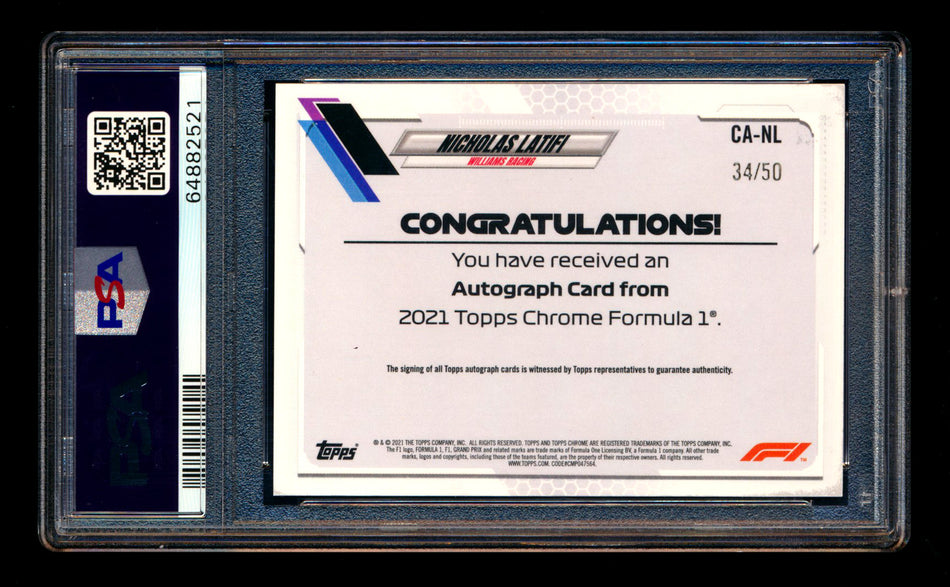 2021 Topps Chrome F1 #CA-NL Nicholas Latifi Gold Wave Refractor Autograph #34/50 PSA 10 ** (SOLD - $95.00 - 4/4/2025) **