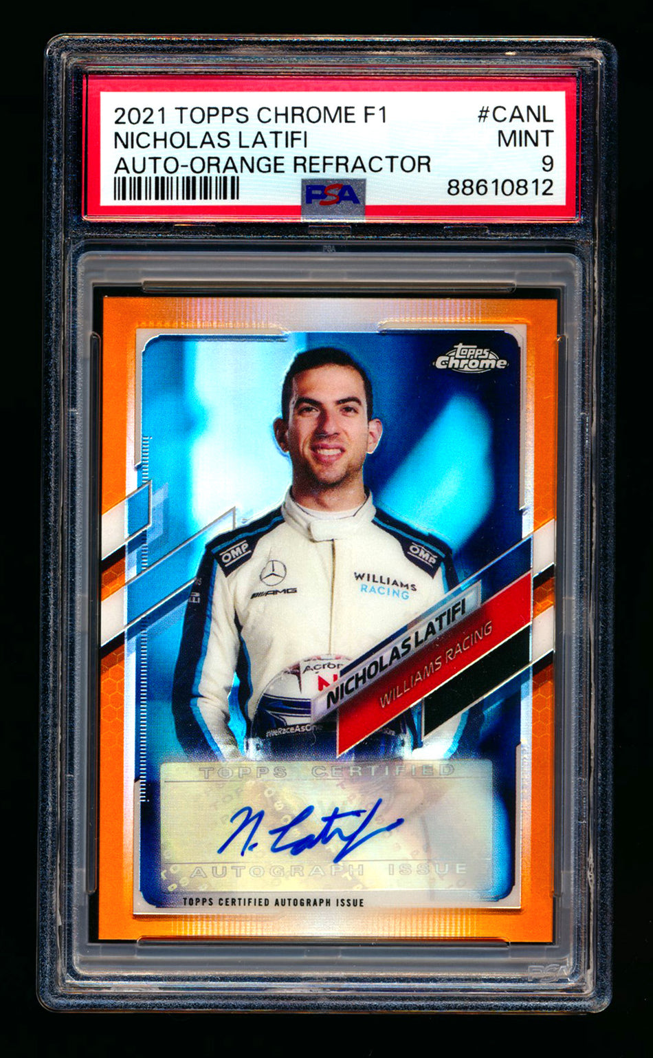 2021 Topps Chrome F1 #CA-NL Nicholas Latifi Orange Refractor Autograph #23/25 PSA 9 ** (SOLD - $35.00 - 12/31/2024) **