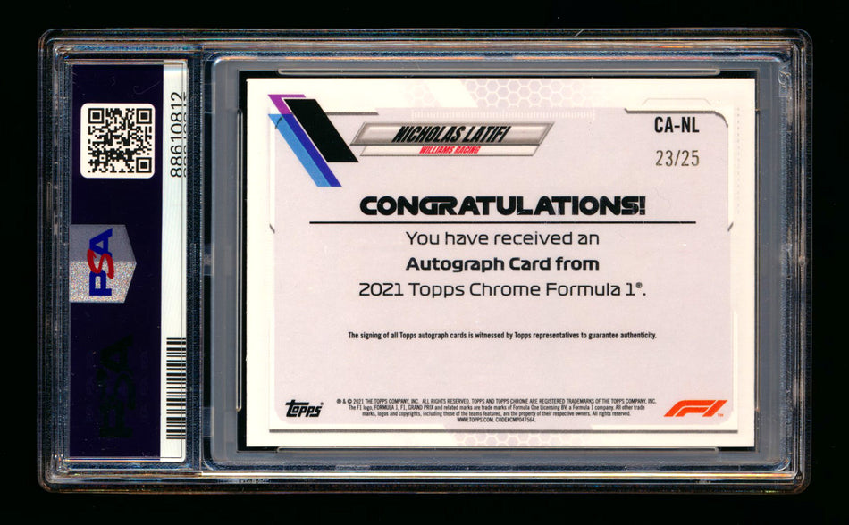 2021 Topps Chrome F1 #CA-NL Nicholas Latifi Orange Refractor Autograph #23/25 PSA 9 ** (SOLD - $35.00 - 12/31/2024) **