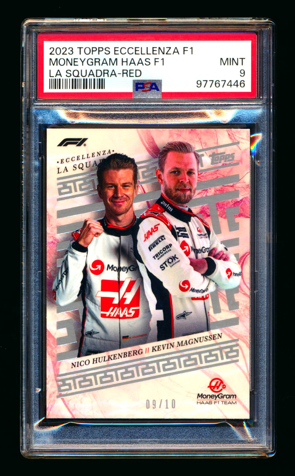 2023 Topps Eccellenza F1 La Squadra Haas Kevin Magnussen/Nico Hulkenberg 1ST Year Red Parallel #09/10 PSA 9