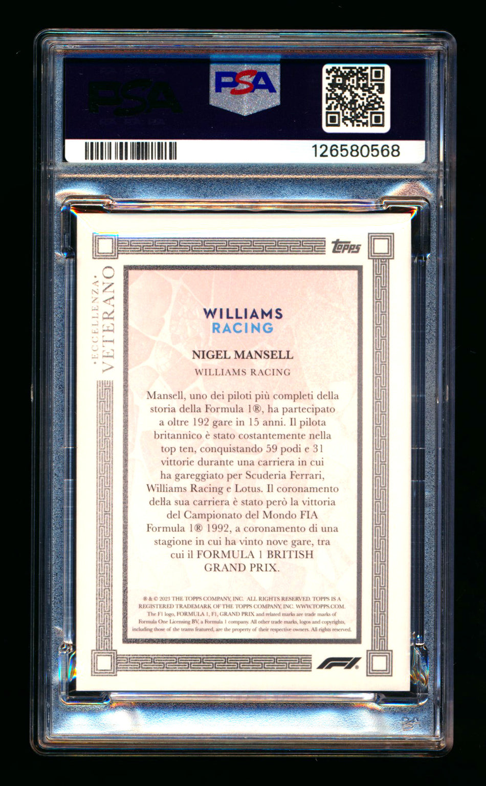2023 Topps Eccellenza F1 Veterano Nigel Mansell 1ST Year Red Parallel Autograph #08/10 PSA 10 ** (SOLD - $795.00 - 2/13/2026) **