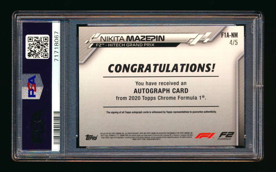 2020 Topps Chrome F1 #F1A-NM Nikita Mazepin RC Red Refractor Autograph #4/5 PSA 8 ** (SOLD - $1,800.00 - 10/15/2025) **