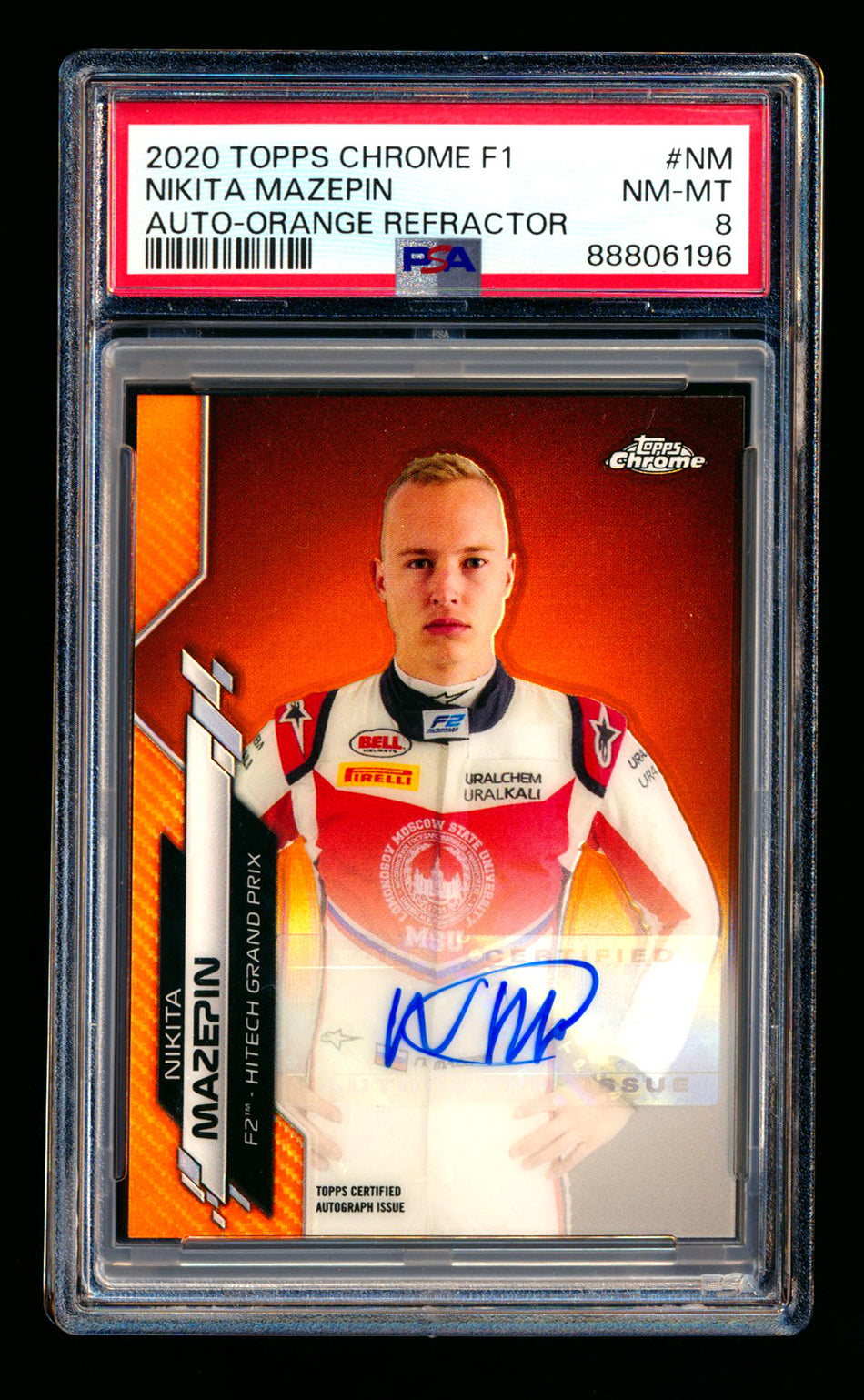 2020 Topps Chrome F1 #F1A-NM Nikita Mazepin RC Orange Refractor Autograph #18/50 PSA 8