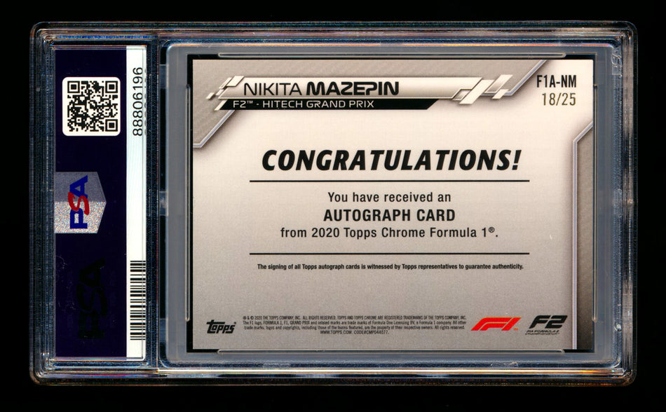 2020 Topps Chrome F1 #F1A-NM Nikita Mazepin RC Orange Refractor Autograph #18/50 PSA 8