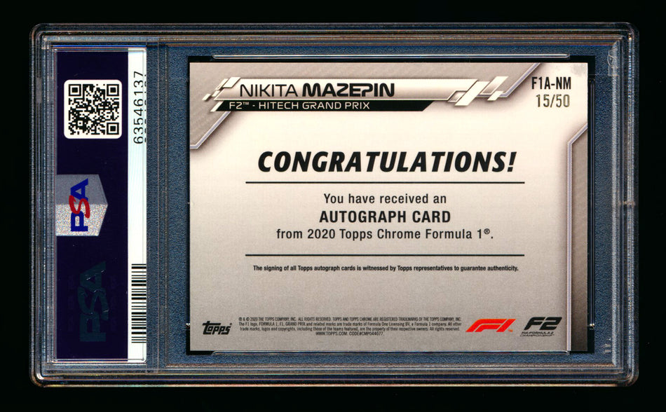 2020 Topps Chrome F1 #F1A-NM Nikita Mazepin RC Gold Wave Refractor Autograph #15/50 PSA 7 DNA 9 ** (SOLD - $79.00 - 11/1/2025) **