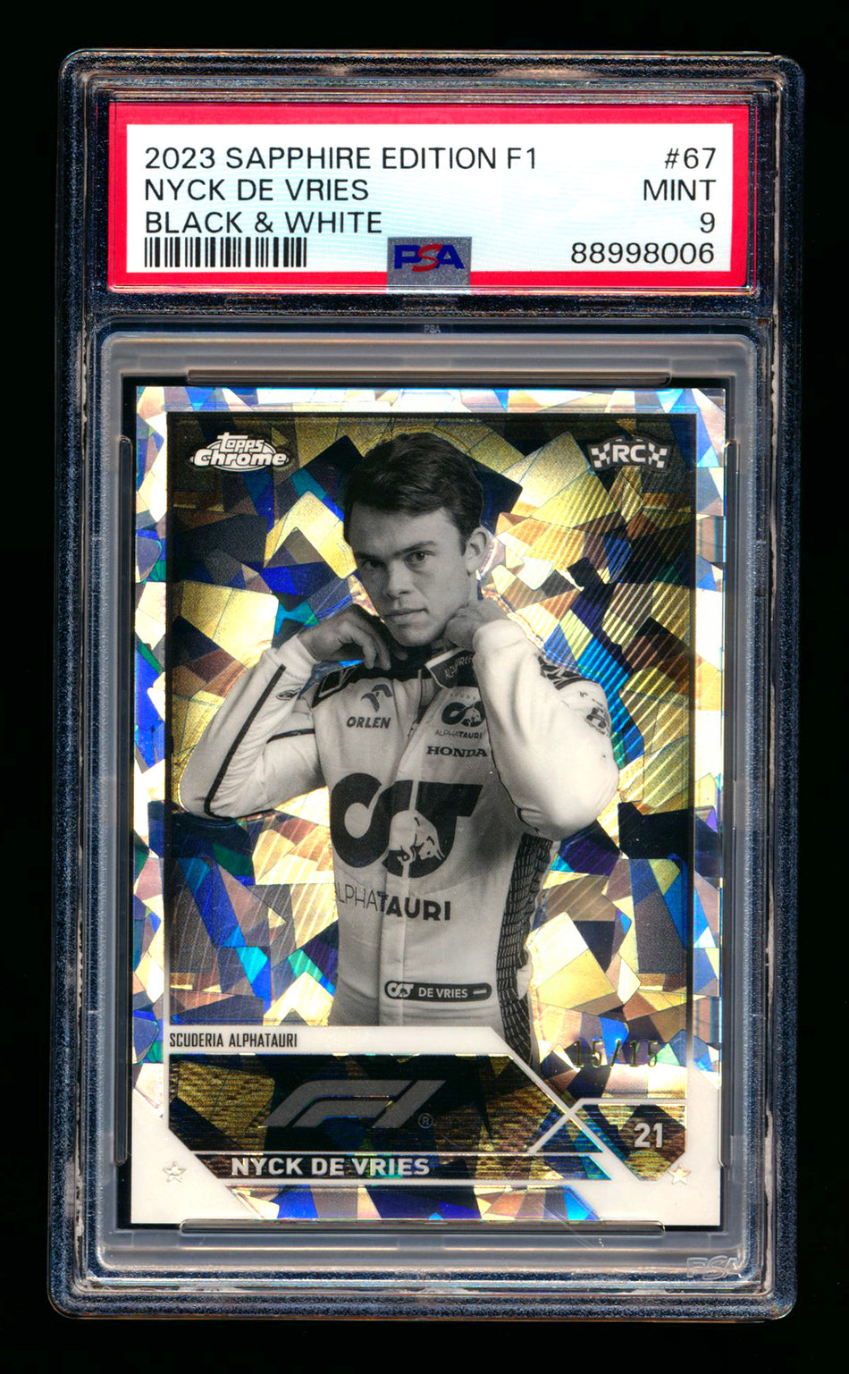 2023 Topps Chrome Sapphire F1 #67 Nyck De Vries RC Black & White Refractor Portrait #15/15 PSA 9