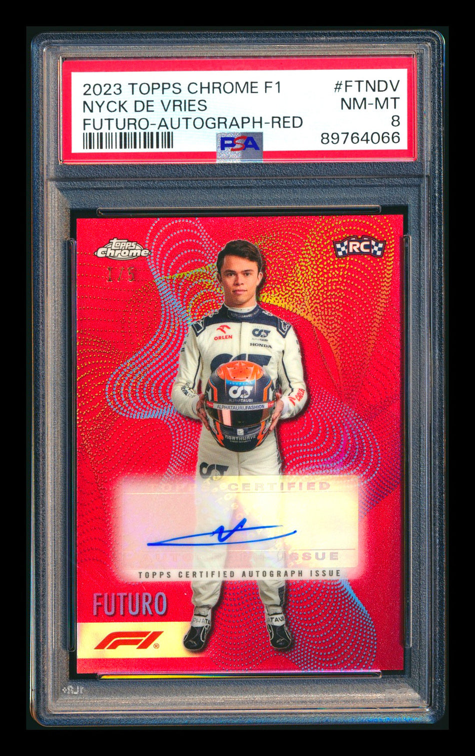 2023 Topps Chrome F1 Futuro #FT-NDV Nyck De Vries RC Red Refractor Autograph #1/5 PSA 8 (First #!)