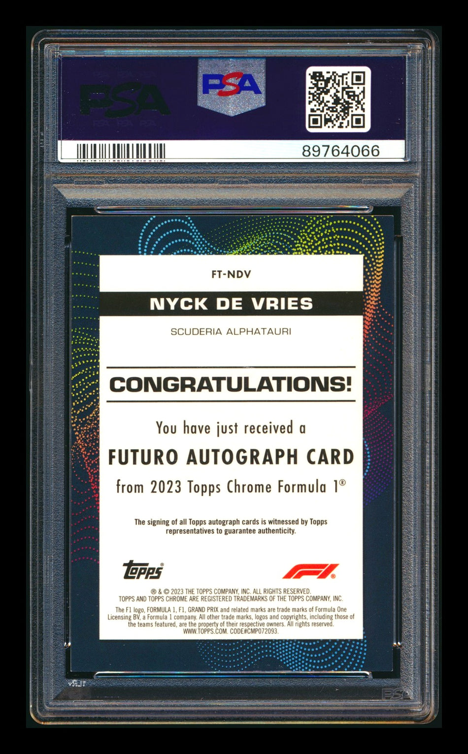 2023 Topps Chrome F1 Futuro #FT-NDV Nyck De Vries RC Red Refractor Autograph #1/5 PSA 8 (First #!)