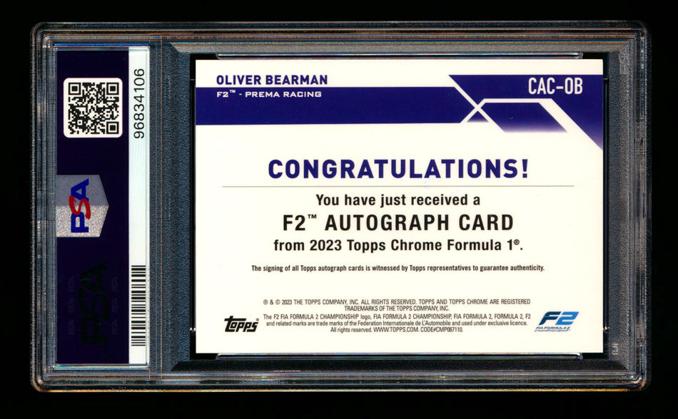 2023 Topps Chrome F1 #CAC-OB Oliver Bearman RC Green Refractor Autograph #72/99 PSA 10 ** (SOLD eBay - $350.00 - 3/15/2025) **
