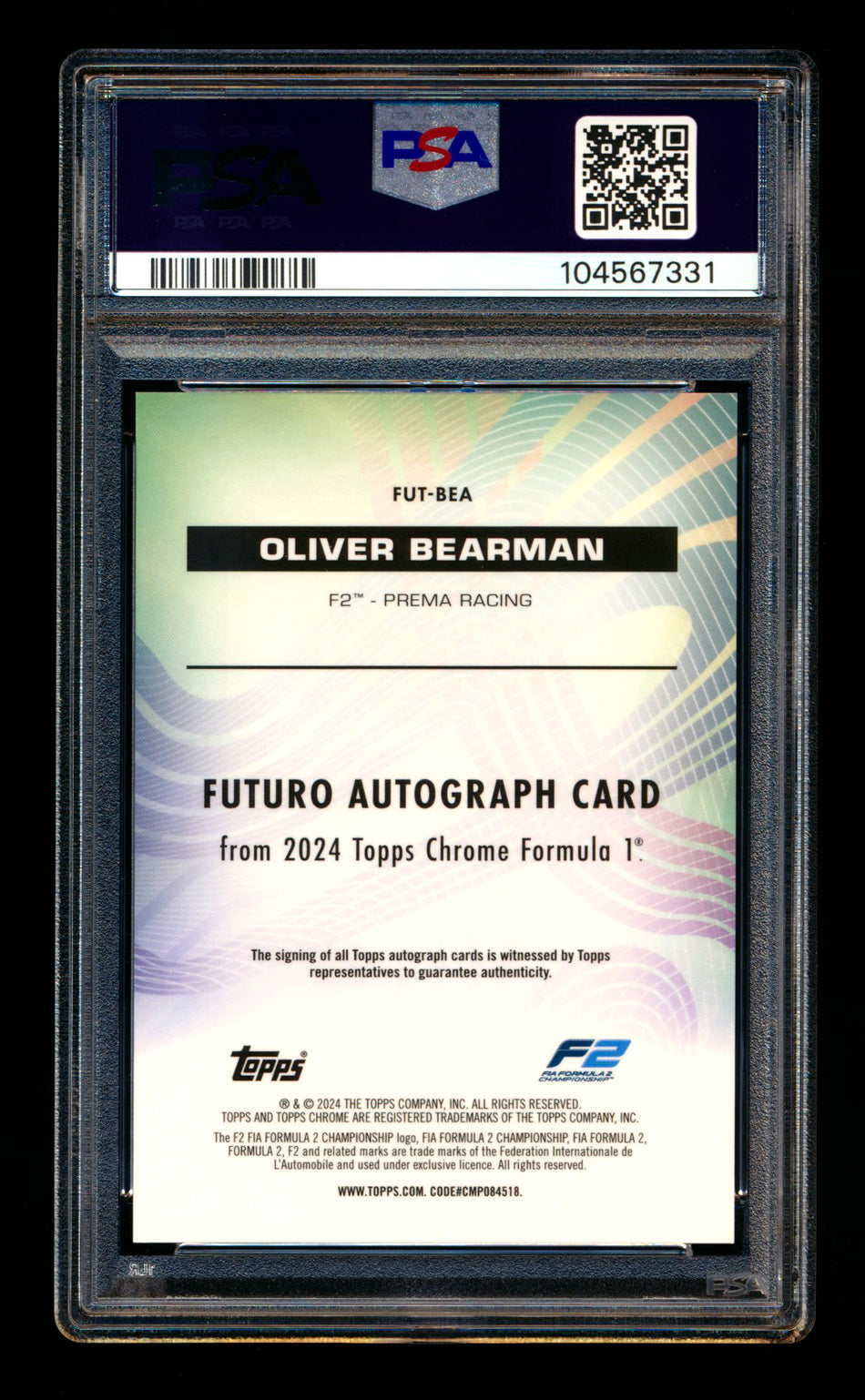 2024 Topps Chrome F1 Futuro #FUT-BEA Oliver Bearman RC Red Refractor Autograph #4/5 PSA 10 - POP 1!