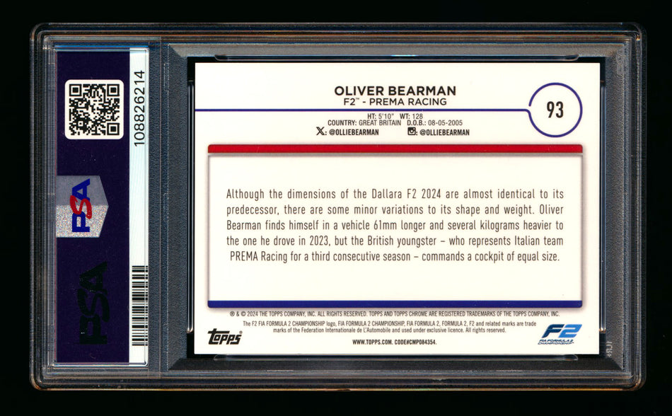 2024 Topps Chrome Sapphire F1 #93 Oliver Bearman RC Red Refractor #2/5 PSA 9 ** (SOLD WCCS - $175.00 - 8/24/2025) **