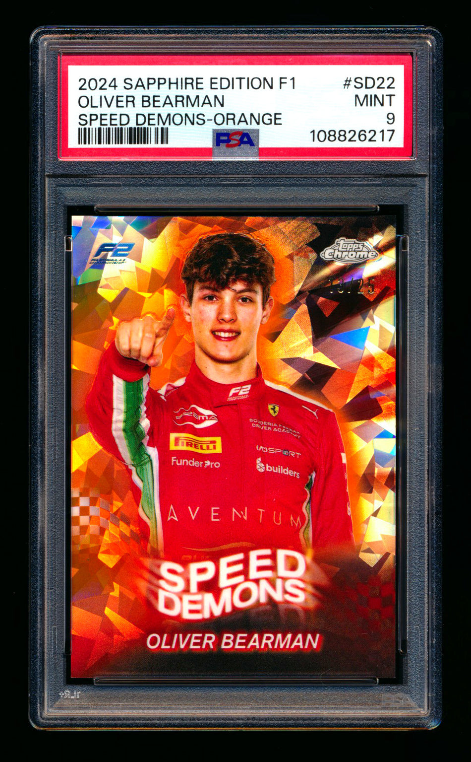 2024 Topps Chrome Sapphire F1 Speed Demons #SD-22 Oliver Bearman RC Orange Refractor #13/25 PSA 9 ** (SOLD Fanatics Fest - $49.00 - 6/20/2025) **