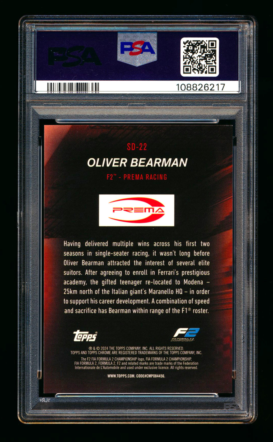 2024 Topps Chrome Sapphire F1 Speed Demons #SD-22 Oliver Bearman RC Orange Refractor #13/25 PSA 9 ** (SOLD Fanatics Fest - $49.00 - 6/20/2025) **