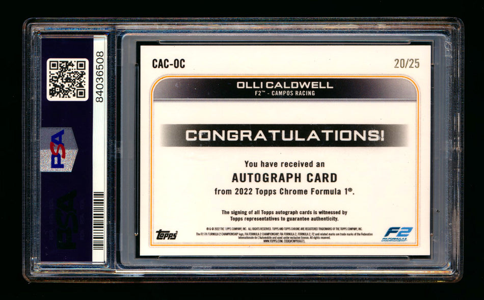 2022 Topps Chrome F1 #CAC-OC Olli Caldwell RC Orange Refractor Autograph #20/25 PSA 8 DNA 10