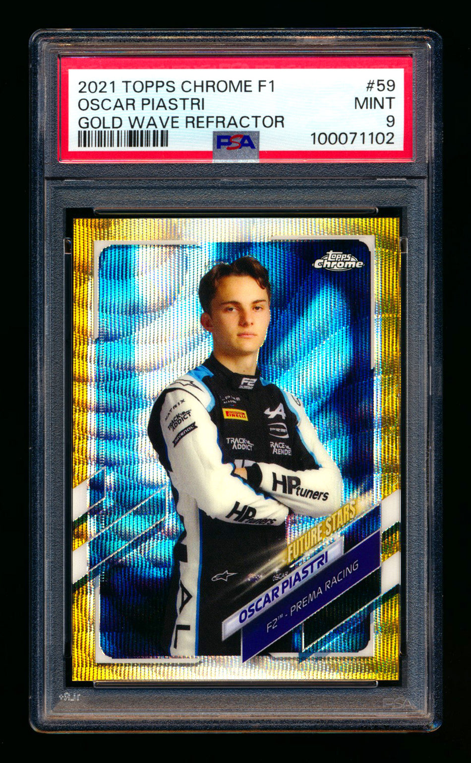 2021 Topps Chrome F1 #59 Oscar Piastri RC Gold Wave Refractor Portrait #14/50 PSA 9