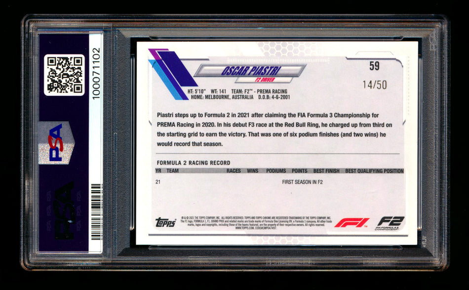 2021 Topps Chrome F1 #59 Oscar Piastri RC Gold Wave Refractor Portrait #14/50 PSA 9