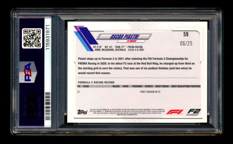 2021 Topps Chrome F1 #59 Oscar Piastri RC Orange Refractor Portrait #06/25 PSA 8