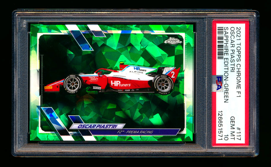 2021 Topps Chrome Sapphire F1 #117 Oscar Piastri RC Green Refractor #20/75 PSA 10