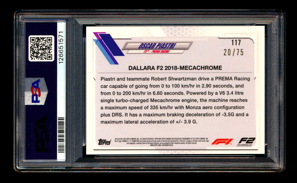 2021 Topps Chrome Sapphire F1 #117 Oscar Piastri RC Green Refractor #20/75 PSA 10