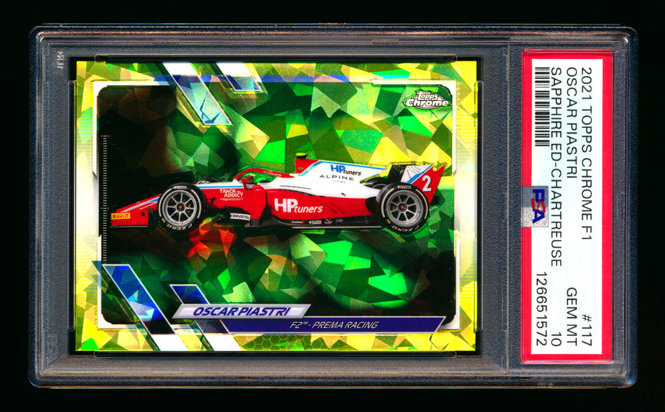 2021 Topps Chrome Sapphire F1 #117 Oscar Piastri RC Chartreuse Refractor #194/199 PSA 10