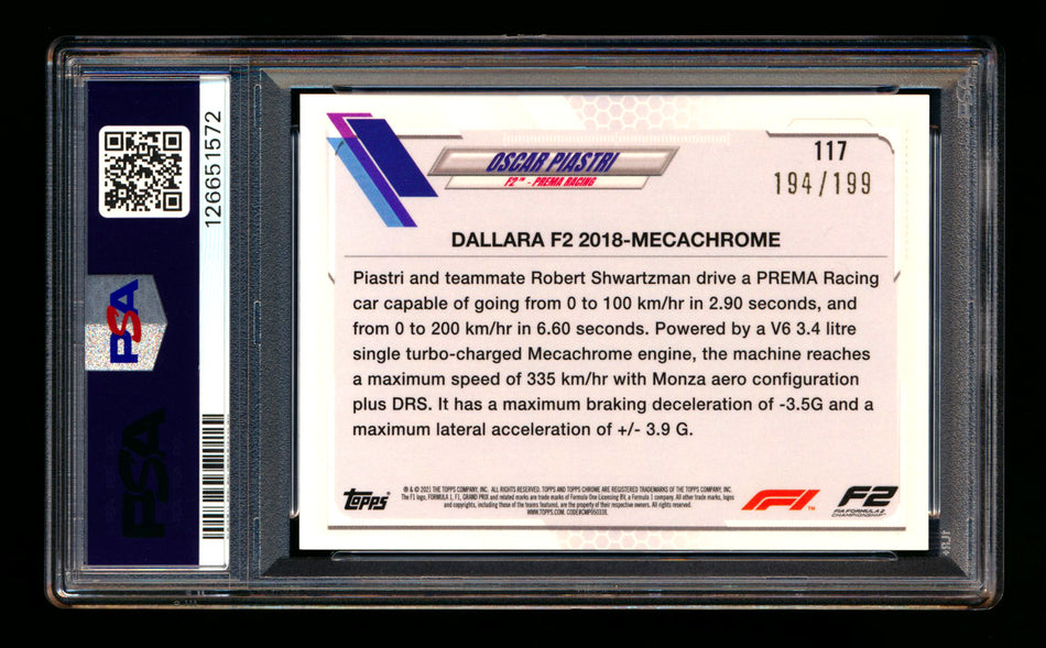 2021 Topps Chrome Sapphire F1 #117 Oscar Piastri RC Chartreuse Refractor #194/199 PSA 10
