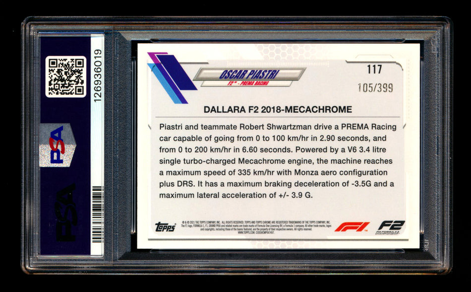 2021 Topps Chrome F1 #117 Oscar Piastri RC Purple Refractor #105/399 PSA 9 ** (SOLD - $35.00 - 2/20/2026) **