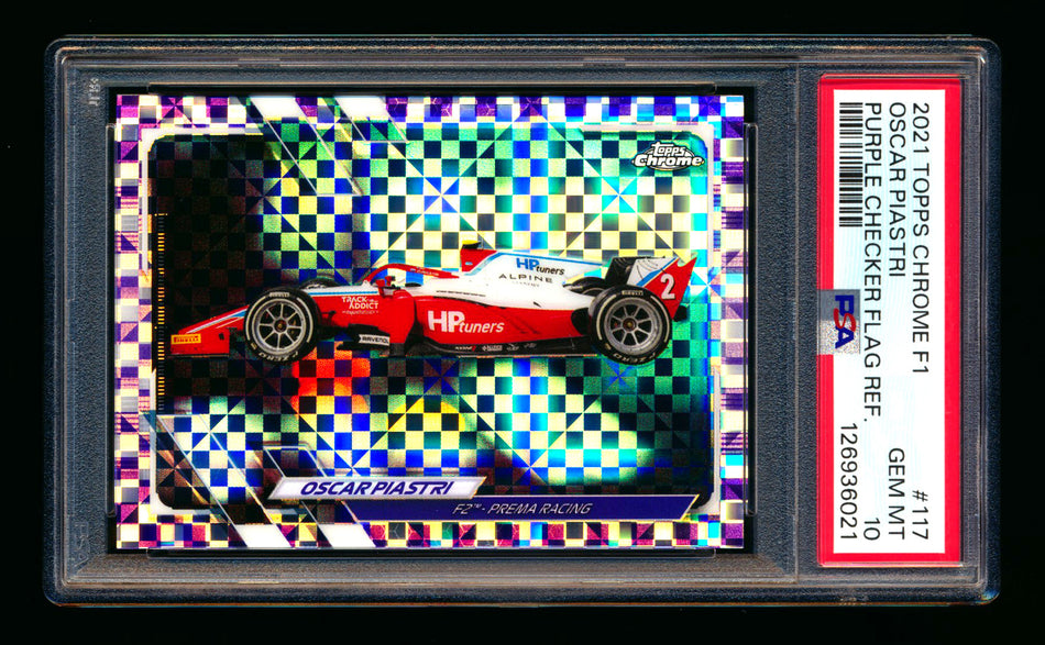 2021 Topps Chrome F1 #117 Oscar Piastri RC Purple Checker Flag Refractor #023/199 PSA 10