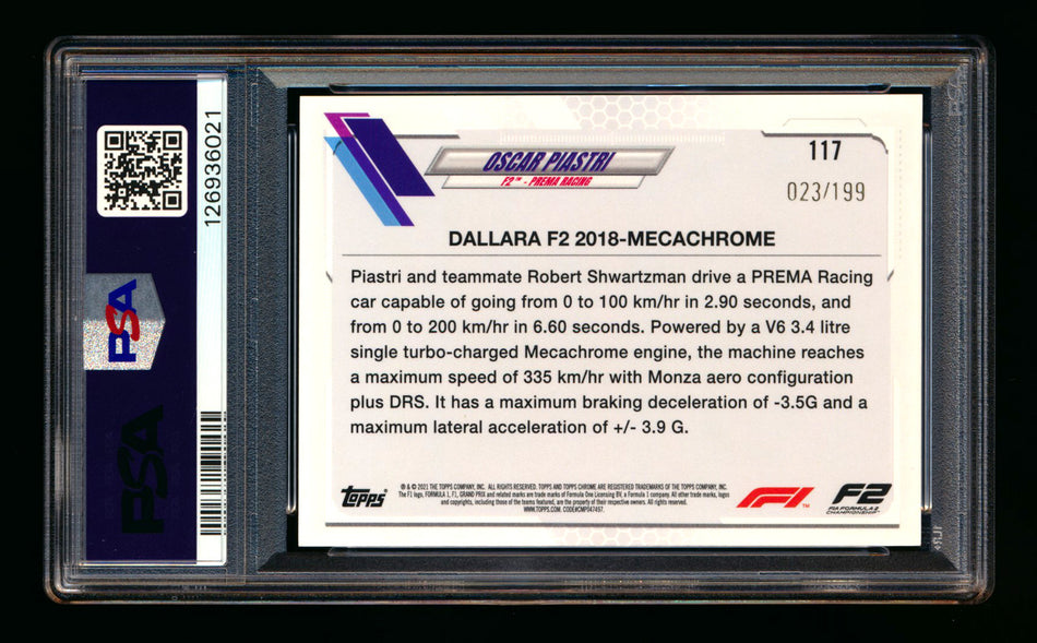 2021 Topps Chrome F1 #117 Oscar Piastri RC Purple Checker Flag Refractor #023/199 PSA 10