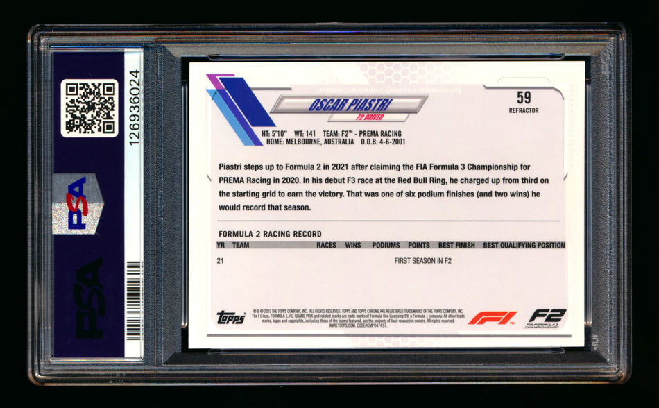 2021 Topps Chrome F1 #59 Oscar Piastri RC Refractor Portrait PSA 9 ** (SOLD - $59.00 - 2/20/2026) **