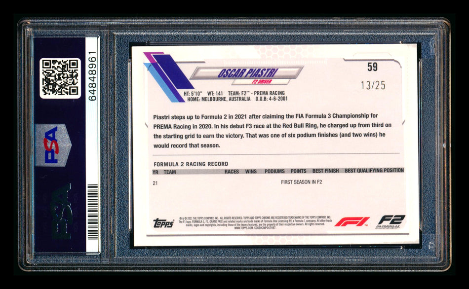 2021 Topps Chrome F1 #59 Oscar Piastri RC Orange Wave Refractor Portrait #13/25 PSA 9