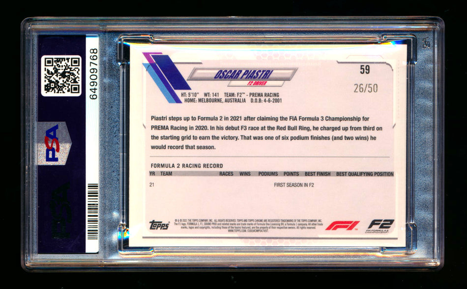 2021 Topps Chrome F1 #59 Oscar Piastri RC Gold Refractor #26/50 PSA 9 ** (SOLD - $249.00 - 10/28/2024) **