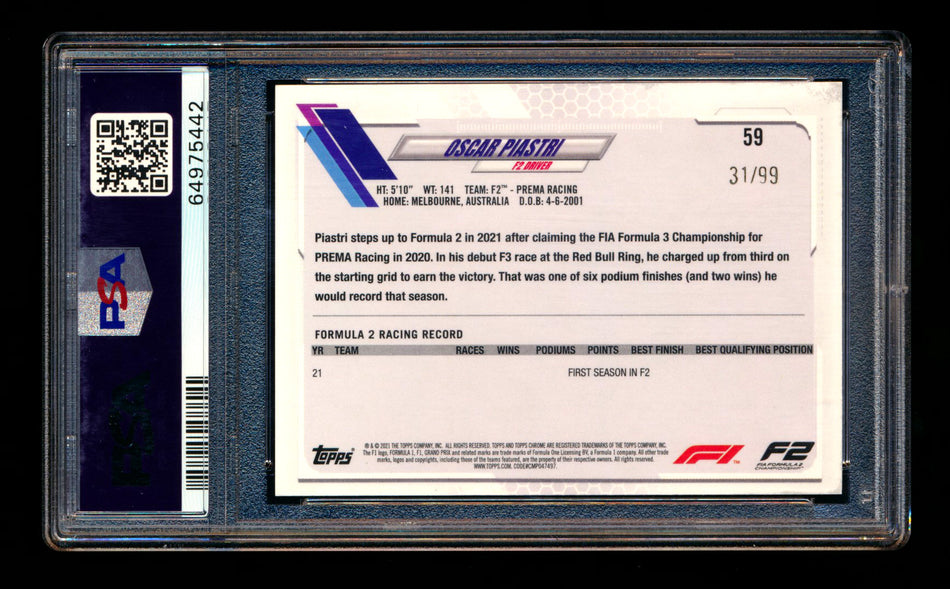 2021 Topps Chrome F1 #59 Oscar Piastri RC Green Raywave Refractor Portrait #31/99 PSA 10 ** (SOLD eBay - $179.00 - 1/15/2025) **