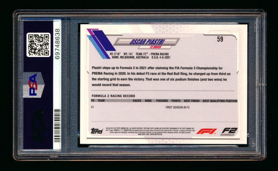 2021 Topps Chrome Sapphire F1 #59 Oscar Piastri RC Refractor Portrait PSA 10 ** (SOLD eBay - $59.00 - 2/7/2025) **