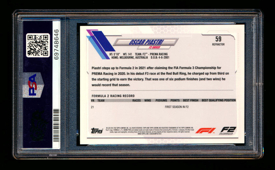 2021 Topps Chrome F1 #59 Oscar Piastri RC Refractor Portrait PSA 10 ** (SOLD - $69.00 - 12/6/2024) **