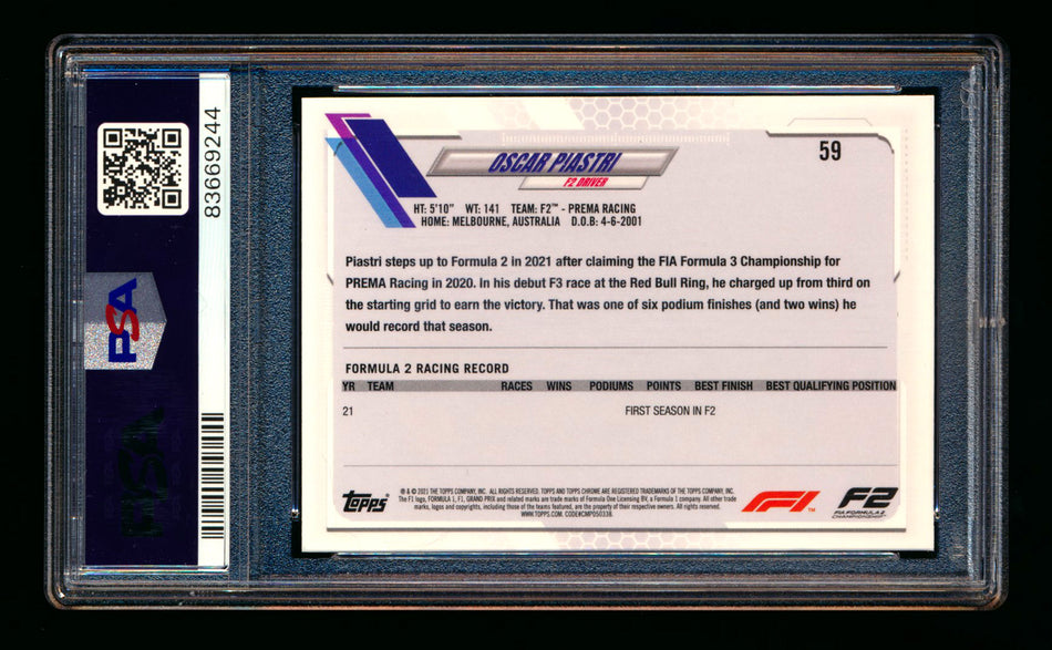 2021 Topps Chrome Sapphire F1 #59 Oscar Piastri RC Refractor Portrait PSA 10 ** (SOLD - $59.00 - 12/6/2024) **