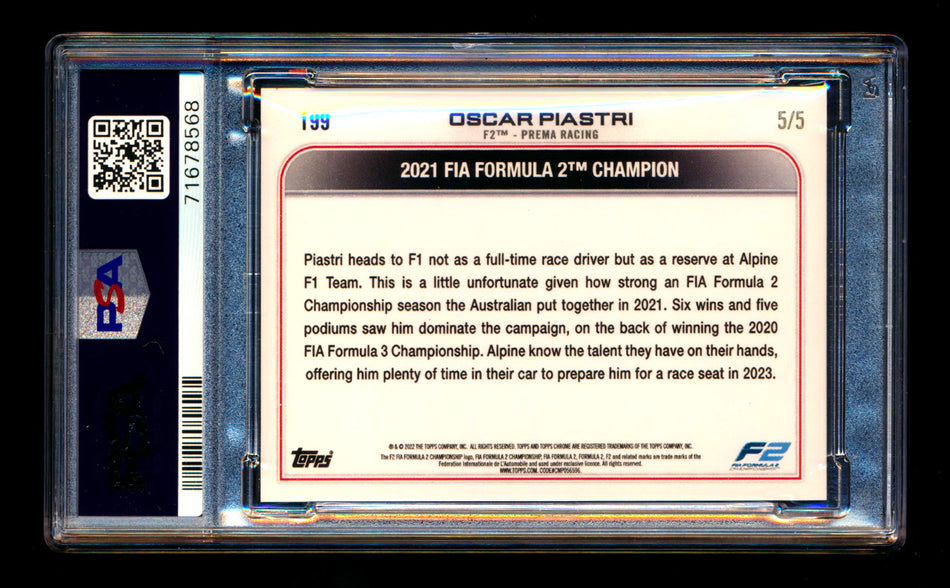 2022 Topps Chrome F1 #199 Oscar Piastri RC Red Checker Flag Refractor #5/5 PSA 10 (Last #!) - POP 1!