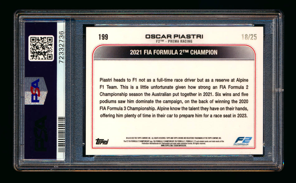 2022 Topps Chrome F1 #199 Oscar Piastri RC Orange Wave Refractor #18/25 PSA 10 ** (SOLD eBay - $135.00 - 2/5/2025) **