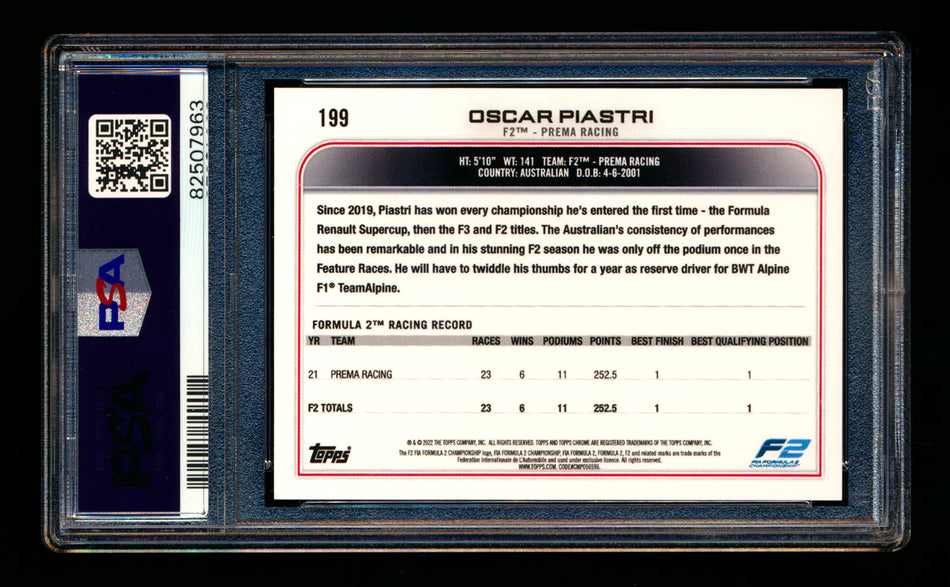 2022 Topps Chrome F1 #199 Oscar Piastri RC Refractor Image Variation SSP PSA 10
