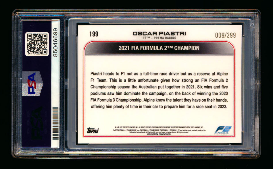 2022 Topps Chrome F1 #199 Oscar Piastri RC Mini Diamonds Refractor #009/299 PSA 10 ** (SOLD eBay - $49.00 - 2/8/2025) **