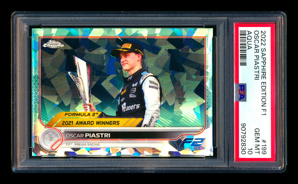 2022 Topps Chrome Sapphire F1 #199 Oscar Piastri RC Aqua Refractor #39/99 PSA 10