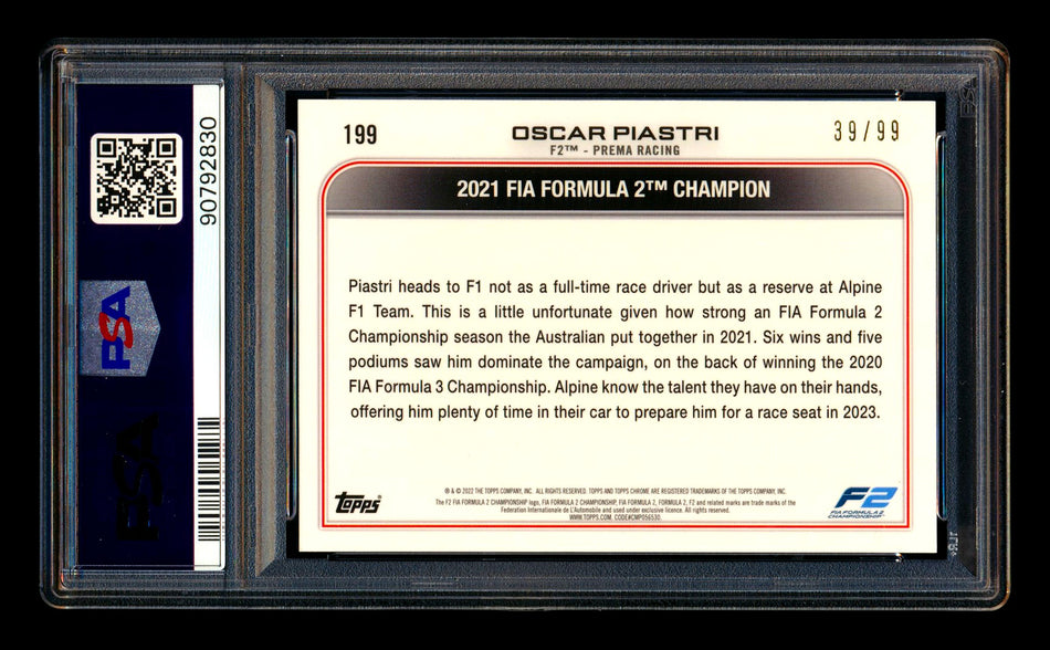 2022 Topps Chrome Sapphire F1 #199 Oscar Piastri RC Aqua Refractor #39/99 PSA 10