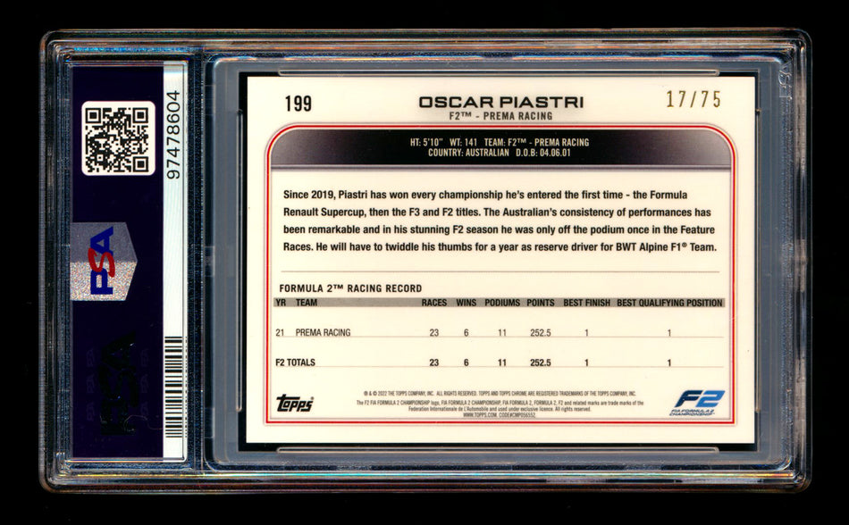 2022 Topps Chrome Sapphire F1 #199 Oscar Piastri RC Green Refractor Image Variation SSP #17/75 PSA 10 ** (SOLD Card Show - $140.00 - 2/14/2025) **