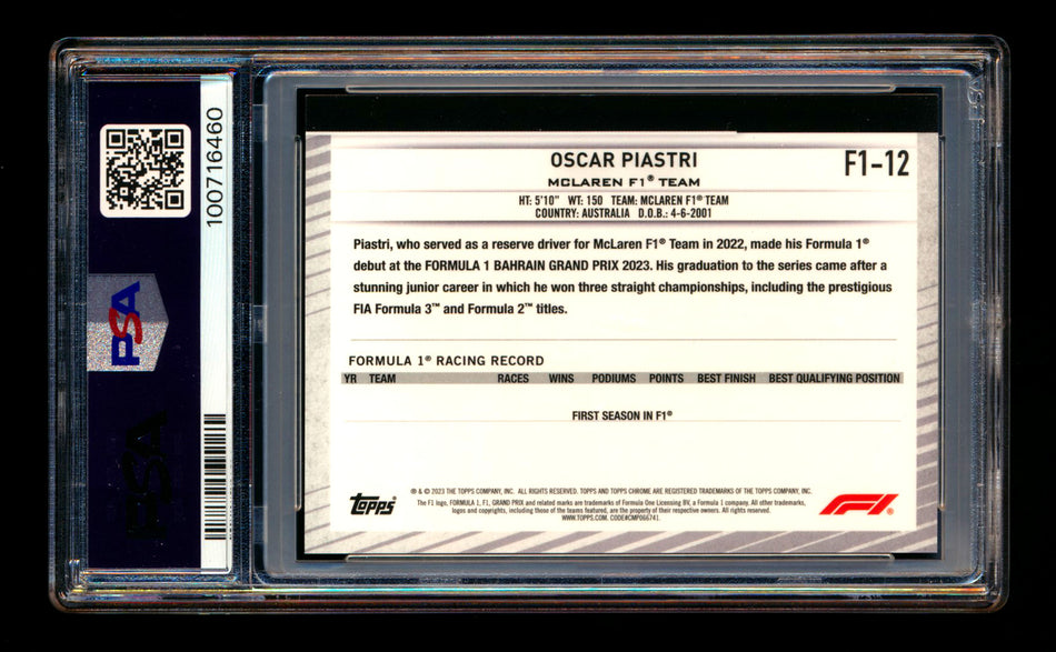 2023 Topps Chrome NSCC F1 #F1-12 Oscar Piastri RC Red Refractor #2/5 PSA 8