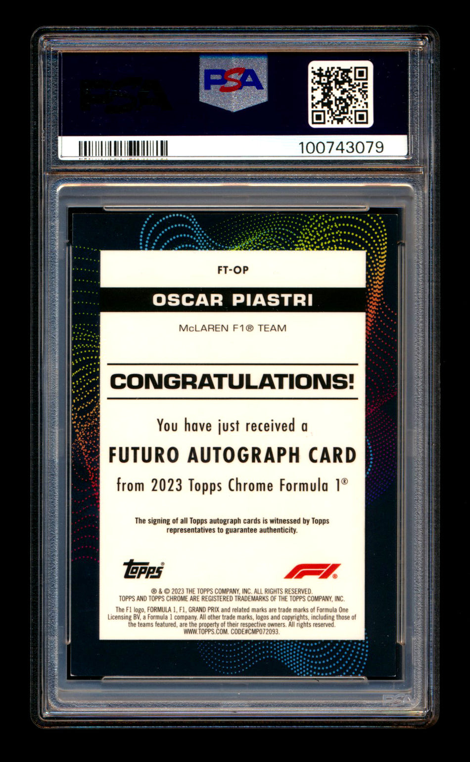 2023 Topps Chrome F1 Futuro #FT-OP Oscar Piastri RC Refractor Autograph #13/50 PSA 8 ** (SOLD eBay - $950.00 - 4/13/2025) **