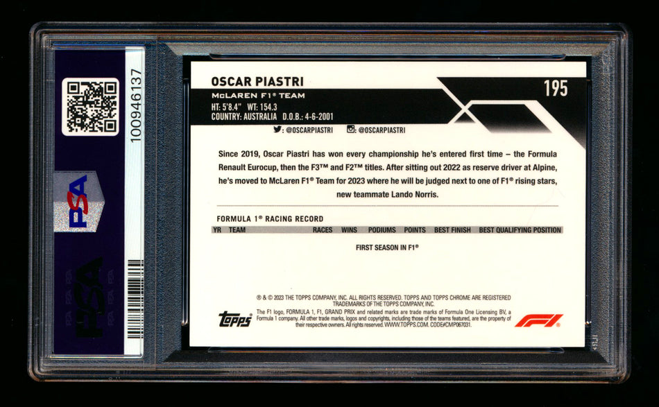 2023 Topps Chrome Sapphire F1 #195 Oscar Piastri RC Black & White Refractor #01/15 PSA 9 (First #!) ** (SOLD eBay - $395.00 - 2/27/2025) **