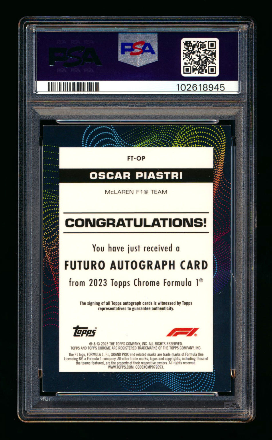 2023 Topps Chrome F1 Futuro #FT-OP Oscar Piastri RC Refractor Autograph #34/50 PSA 7